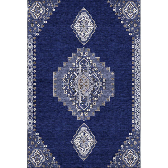 10' X 14' Oriental Washable Area Rug With UV Protection (679588) - Navy Blue / Ivory / Gray