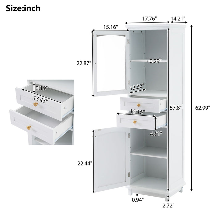 Giga tall linen cabinet with glass doors, two drawers, adjustable shelves, and painted finish for stylish bathroom storage.