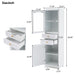 Giga tall linen cabinet with glass doors, two drawers, adjustable shelves, and painted finish for stylish bathroom storage.
