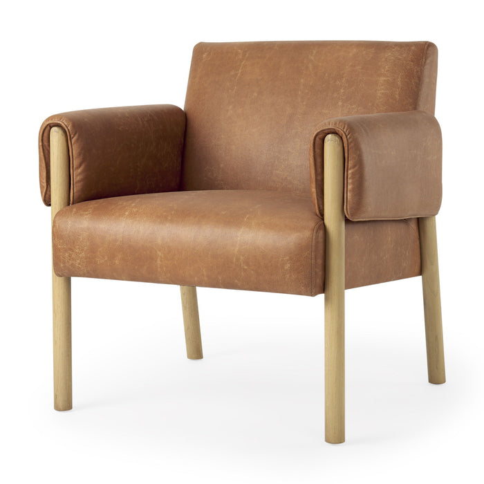 Faux Leather And Solid Wood Arm Chair - Brown