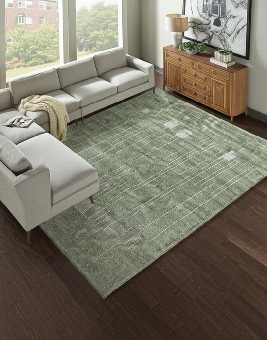 8' X 10' Abstract Hand Knotted Area Rug - Green And Ivory