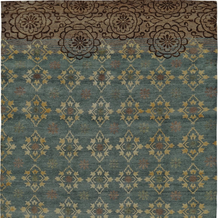 6' x 9' Floral Hand Knotted Area Rug - Green Blue And Brown