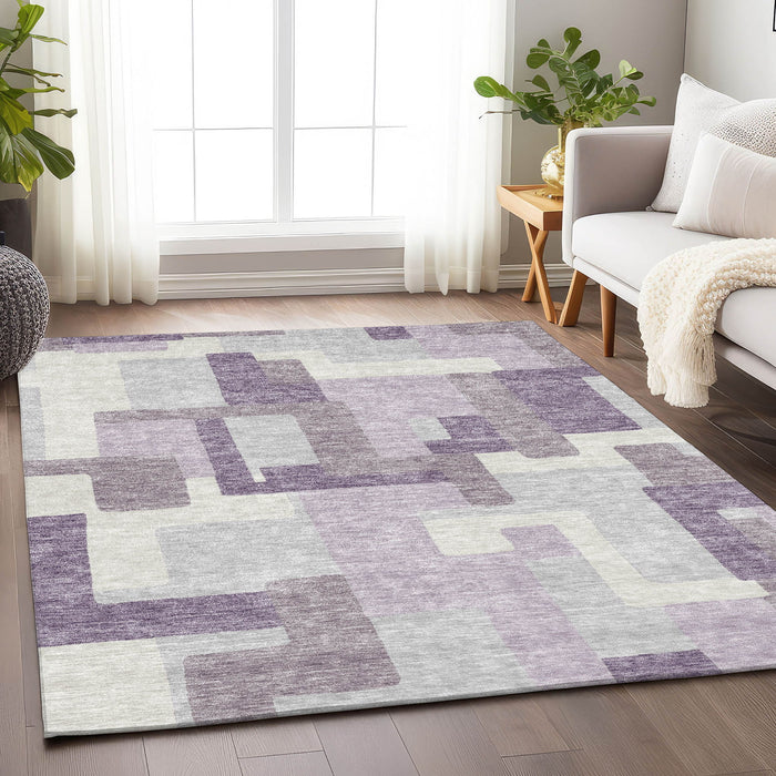 8' X 10' Abstract Geometric Washable Area Rug With UV Protection - Lavender / Ivory