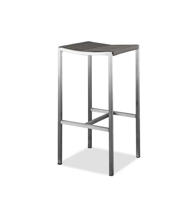 Set of four HomeRoots stainless steel backless bar height stools with brown and silver finishes, ideal for modern kitchen or bar areas.