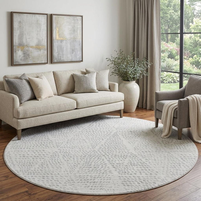 8' Diamond Washable Round Rug With UV Protection (650611) - Silver / Ivory
