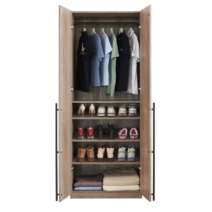 Manhattan Comfort Manhattan Lee wardrobe closet with hanging rod and shoe shelves, featuring a modern wood finish and ample storage space.