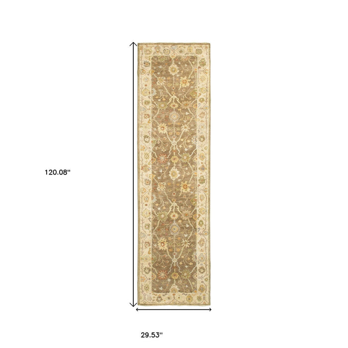 10' Wool Oriental Hand Knotted Runner Rug - Brown And Beige