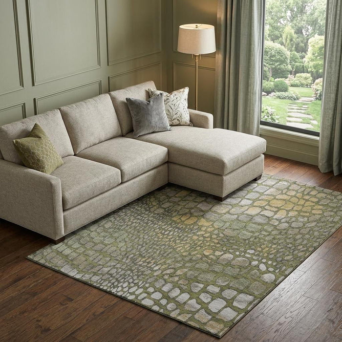 10' X 14' Abstract Geometric Washable Area Rug With UV Protection (677945) - Olive Green / Gold / Gray