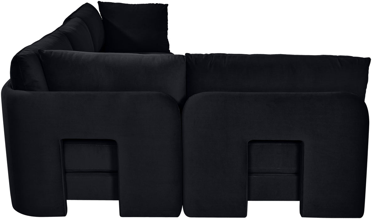 Meridian Furniture velvet upholstered 4-piece armless sectional sofa, stationary design with plush fabric and modern style.