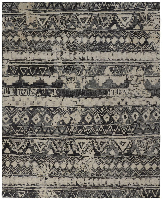 8' x 10' Wool Geometric Hand Knotted Area Rug - Ivory Gray And Black