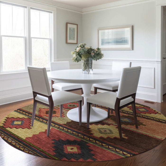 8' Geometric Washable Round Rug With UV Protection - Rust