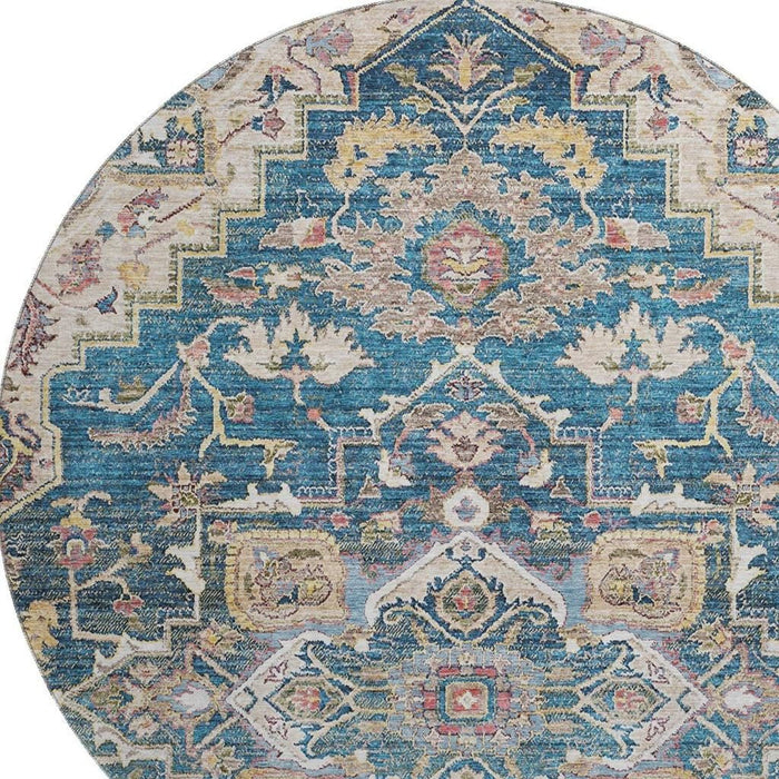 8' Floral Medallion Washable Round Rug With UV Protection - Blue