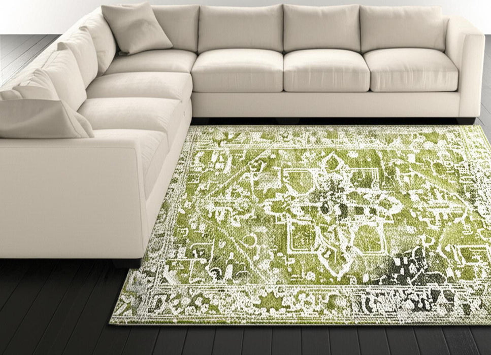 7' X 9' Tribal Washable Area Rug With UV Protection (609878) - Green / Beige