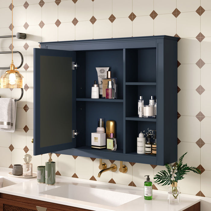 Giga wall mounted medicine cabinet with mirror, six open shelves, and adjustable interior storage for bathroom organization.