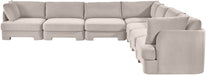Velvet performance fabric upholstered Meridian Furniture 7-piece corner sectional sofa, stationary design with plush cushions.