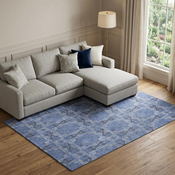 10' X 14' Floral Medallion Washable Area Rug With UV Protection (649480) - Denim Blue / Ivory