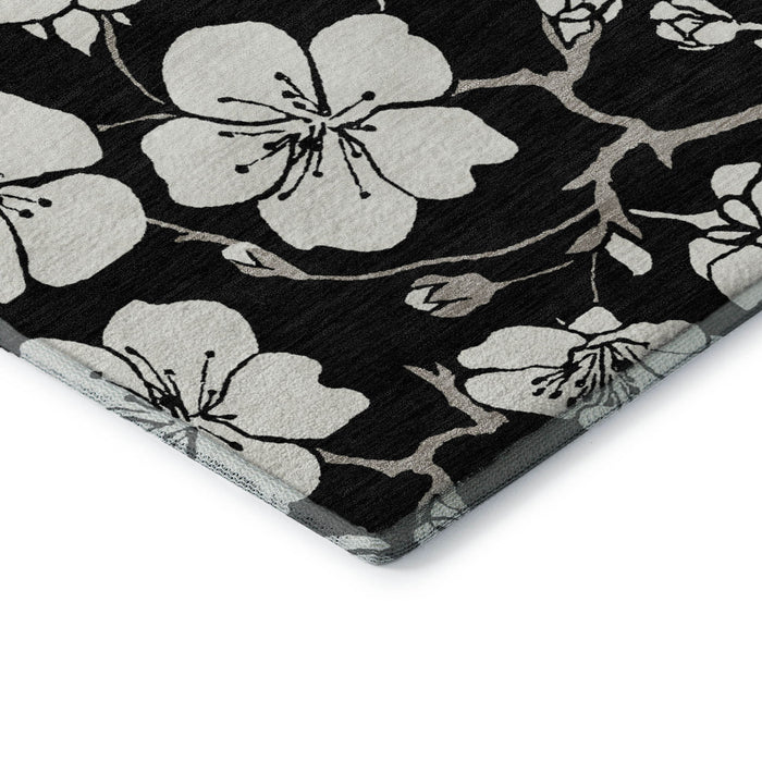 10' X 14' Floral Washable Area Rug With UV Protection (681017) - Black / Ivory