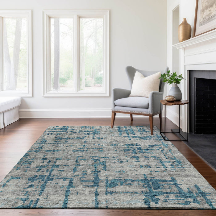 9' X 12' Abstract Washable Area Rug With UV Protection - Persian Blue And Gray