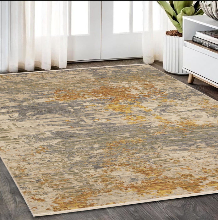 5' X 8' Abstract Area Rug With Fringe - Beige And Gold