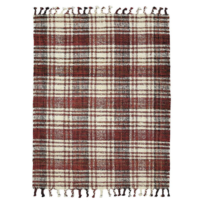 8' X 10' Jute Plaid Hand Woven Area Rug With Fringe (570629) - Brick Red / Black / Ivory