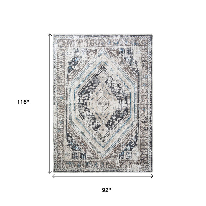 8' x 10' Geometric Distressed Area Rug With Fringe - Gray Beige And Blue