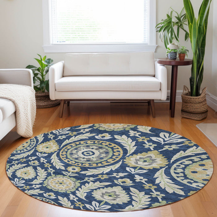 8' Floral Washable Round Rug With UV Protection - Navy Blue