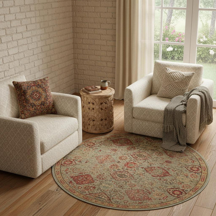 6' Floral Distressed Non Skid Round Rug (550520) - Light Green / Tan / Red