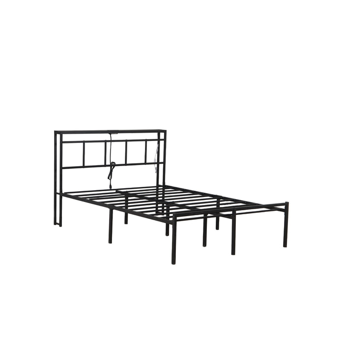 Giga platform bed frame with storage headboard, LED light, USB-C ports, and sleek design in a modern bedroom setting.