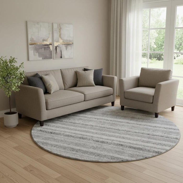 8' Striped Washable Round Rug With UV Protection (650803) - Gray / Silver
