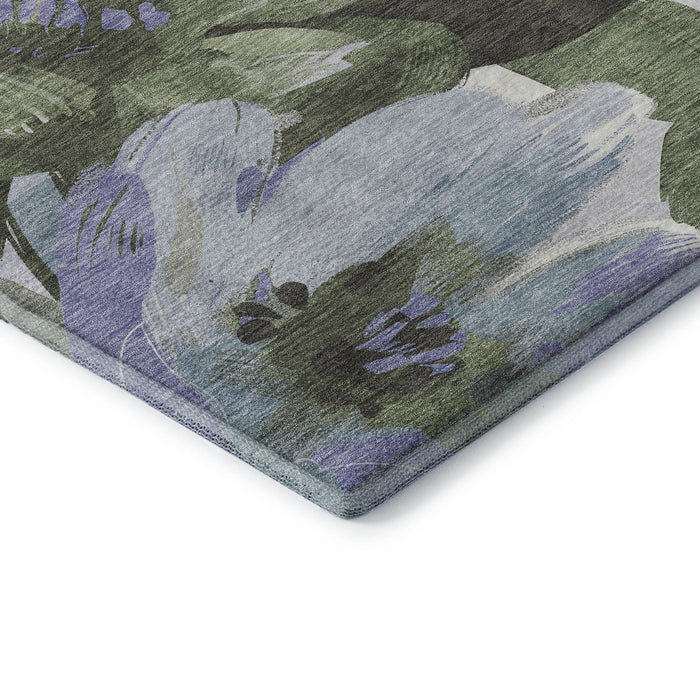 10' X 14' Floral Washable Area Rug With UV Protection (693996) - Olive Green / Ivory / Lavender
