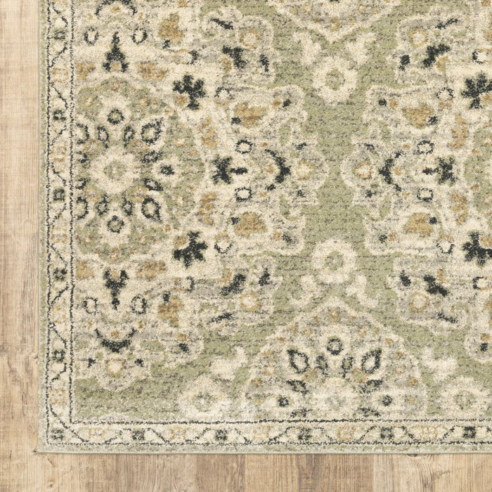 10' x 13' Floral Power Loom Stain Resistant Area Rug - Green Ivory Gray And Tan