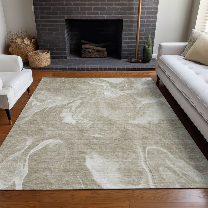 10' X 14' Abstract Washable Area Rug With UV Protection - Taupe And Ivory