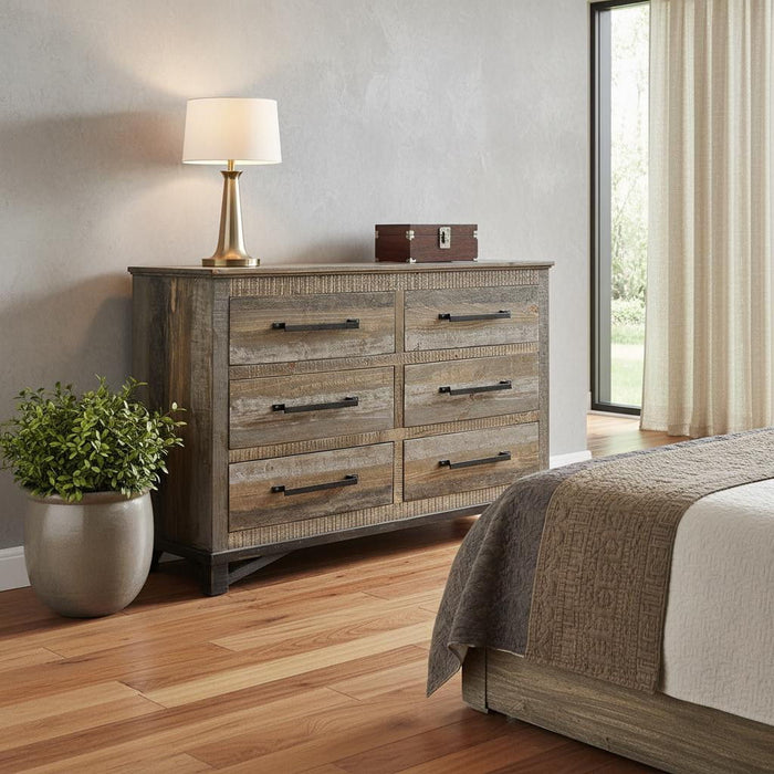 Solid Wood 6 Drawer, Double Dresser - Brown