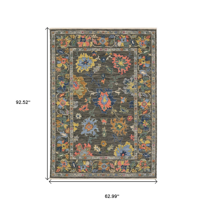 5' X 8' Oriental Area Rug With Fringe - Gray And Yellow