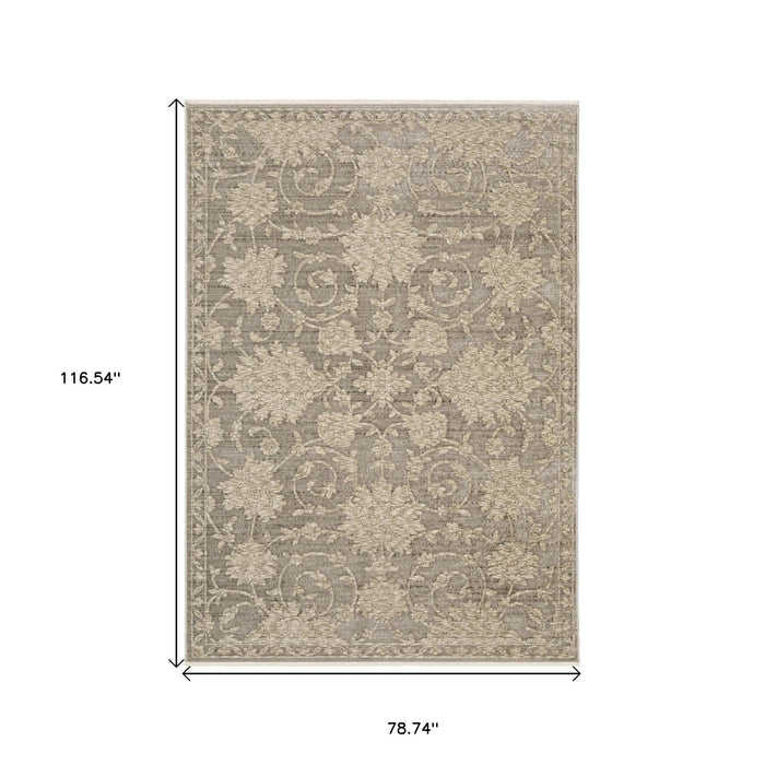 7' X 10' Floral Area Rug With Fringe - Gray And Beige