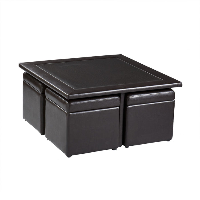 5 Piece Living Room Set (Faux Leather Coffee Table Storage Ottoman Set) - Dark Brown