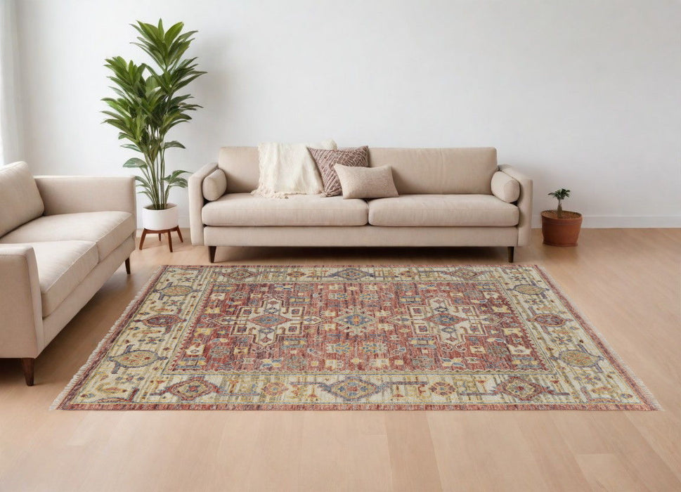 9' x 12' Wool Oriental Hand Knotted Area Rug With Fringe - Ivory Red And Gold