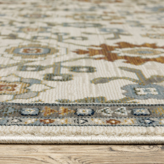 8' X 11' Floral Area Rug With Fringe (575090) - Ivory / Blue / Brown