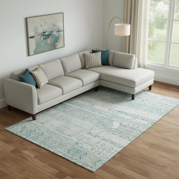 10' X 14' Striped Washable Area Rug With UV Protection (705233) - Teal / Gray