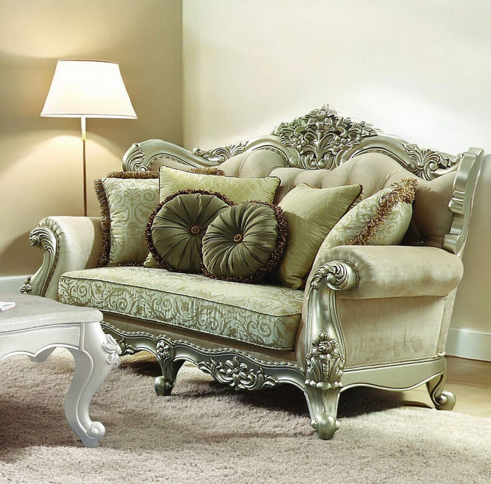Polyester Blend Damask Chesterfield Loveseat And Toss Pillows - Green / Light Green