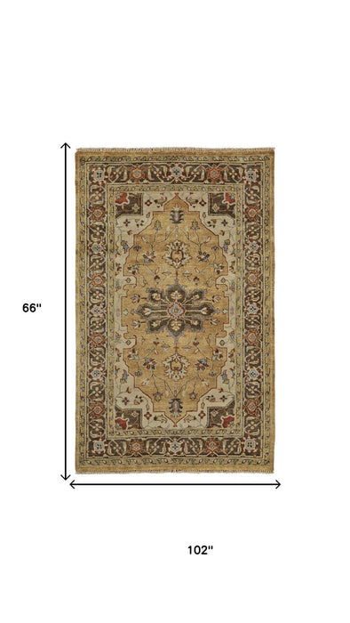 5' X 8' Wool Oriental Hand Knotted Area Rug (744180) - Tan / Gold / Taupe