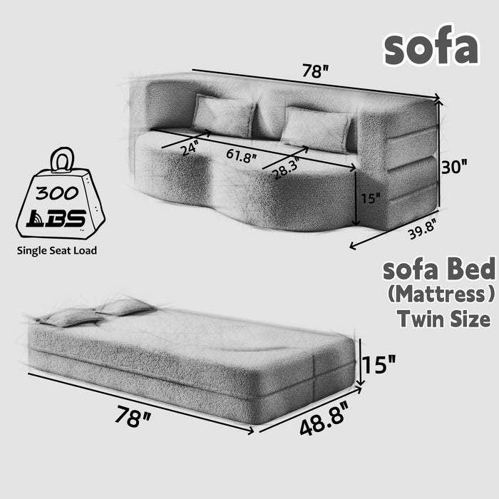 Giga floor sofa with two pillows and convertible twin size mattress for living room seating and lounging.