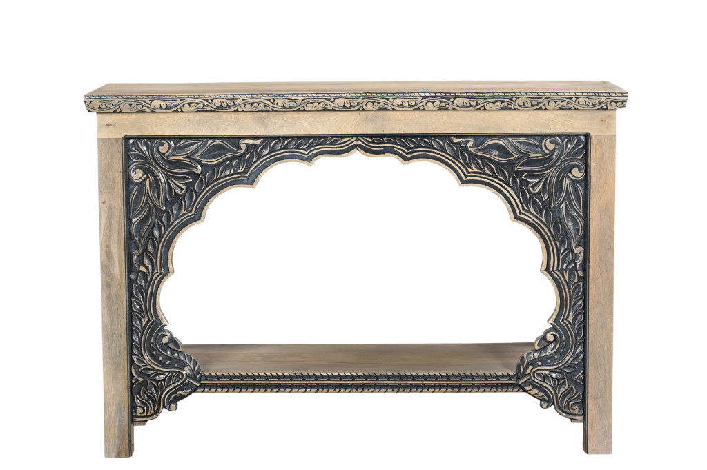 56" Solid Wood Distressed Console Table With Shelf - Black And Natural