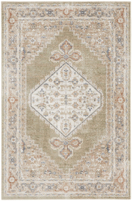 2' X 4' Floral Medallion Power Loom Distressed Washable Area Rug (546930) - Green / Ivory