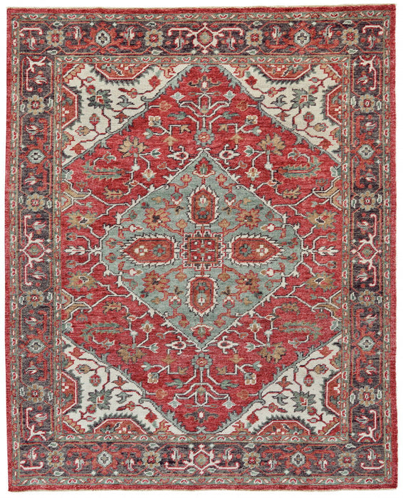 5' x 8' Wool Floral Hand Knotted Distressed Stain Resistant Area Rug With Fringe - Red Gray And Ivory