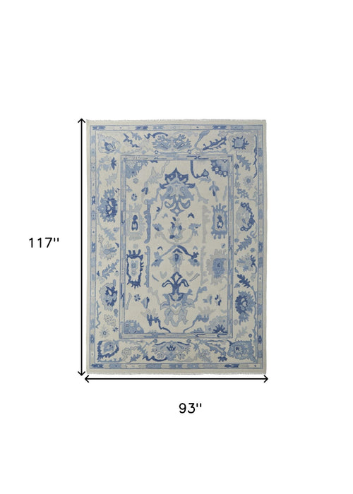 8' X 10' Wool Floral Hand Knotted Area Rug With Fringe - Ivory And Blue