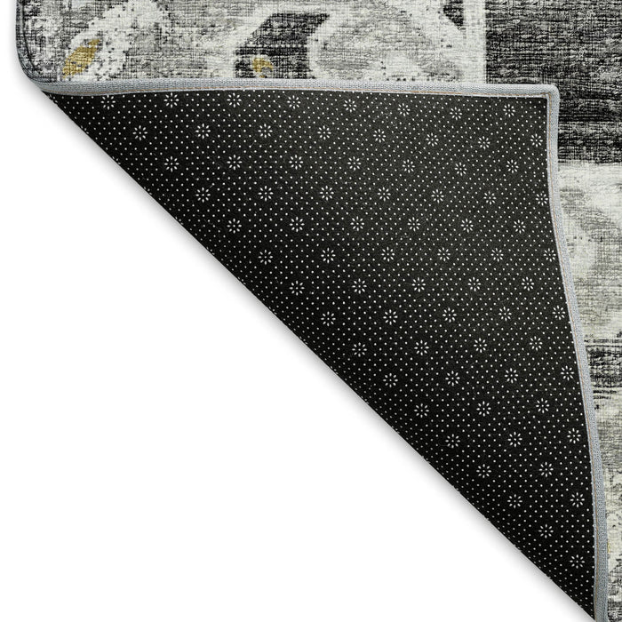 9' X 12' Floral Medallion Distressed Washable Area Rug With UV Protection (644549) - Graphite / Gold / Charcoal
