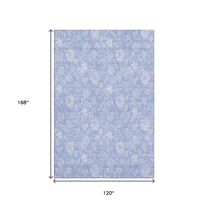10' X 14' Floral Washable Area Rug With UV Protection (656010) - Sky Blue / Ivory