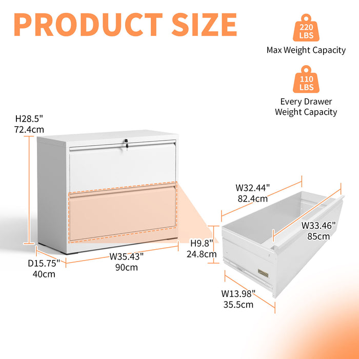 Giga white 2-drawer lateral file cabinet with locking mechanism, anti-tip feature, suitable for letter, legal, and A4 files.