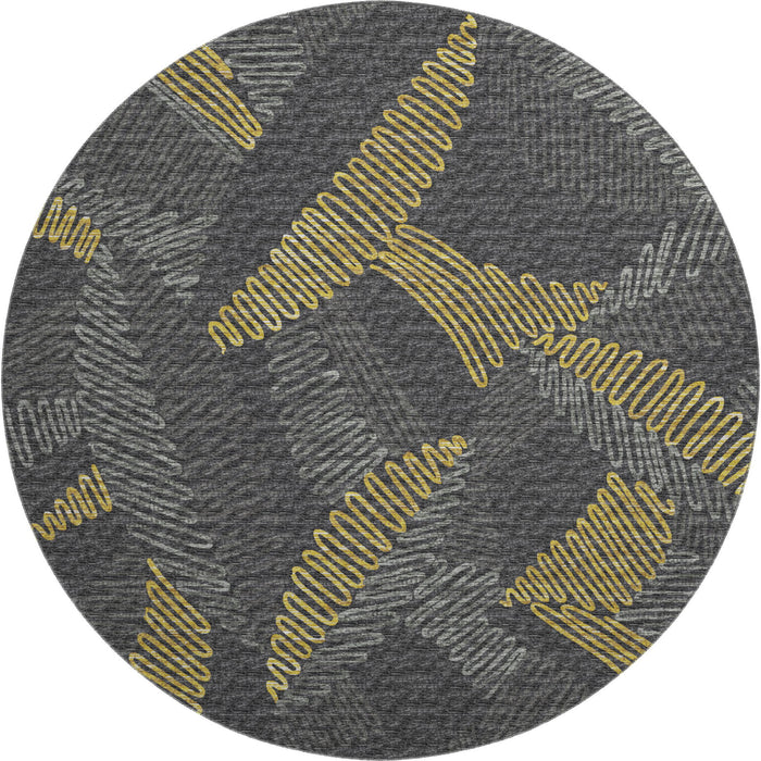 8' Botanical Leaves Washable Round Rug With UV Protection (645009) - Gray / Gold / Black